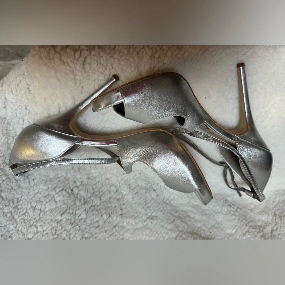Sam Edelman Sam “Elizabeth”  Silver Strappy Pump 4” Stiletto Heels Size 9.5M